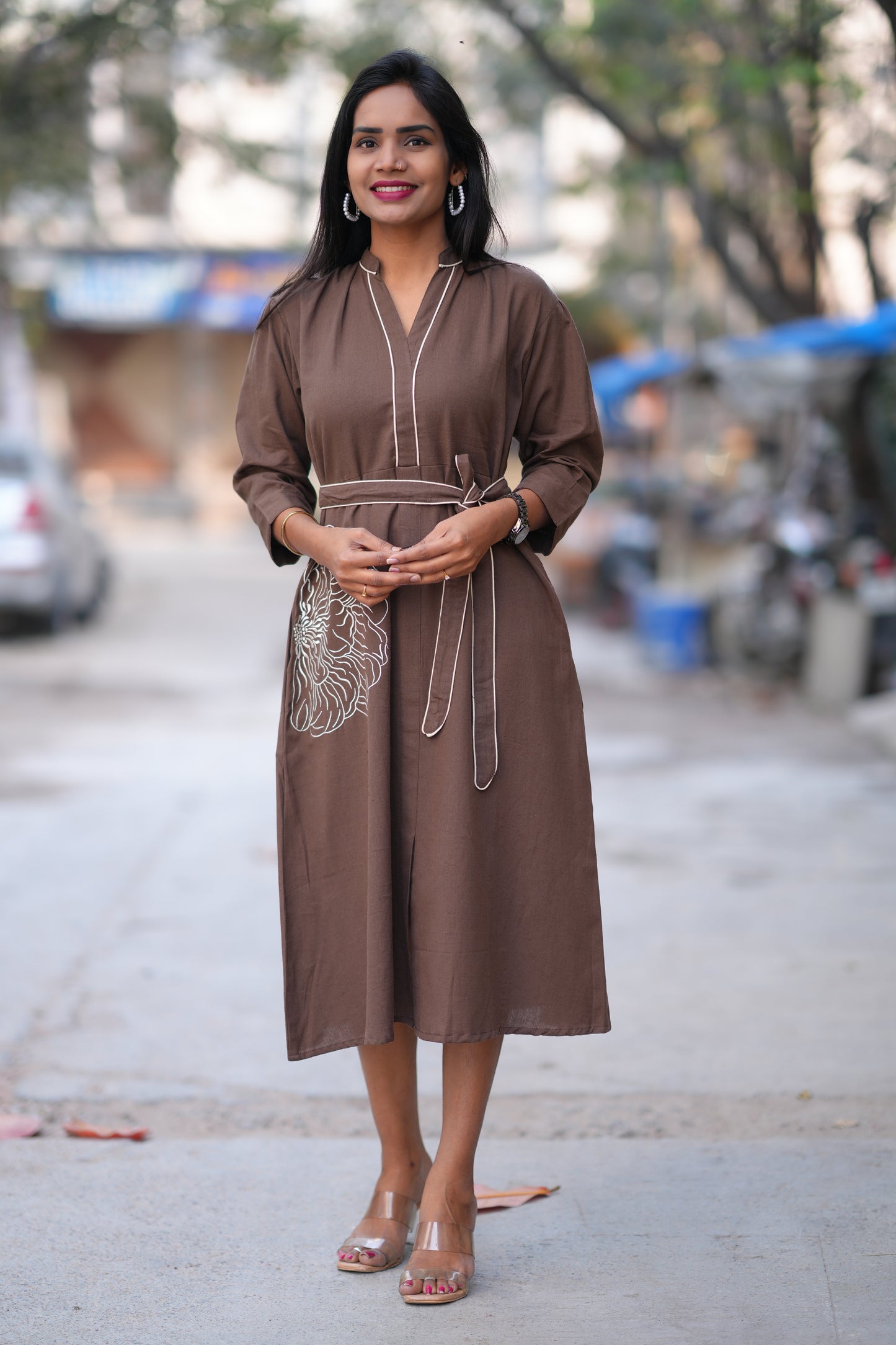 Jaipur Cotton Brown Color Frock With Frock and Embroidery Work