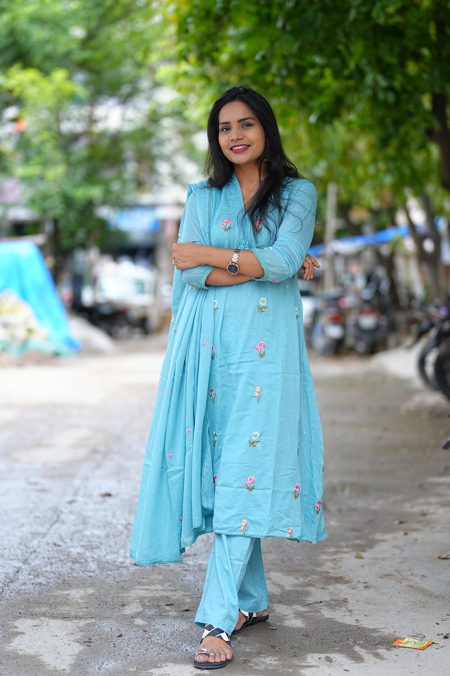 Sky Blue Color Pure Mul Mul Cotton Anarkali 3 Piece Set With Complete Lining