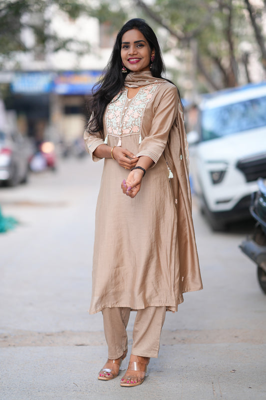 Brown Color Viscose Fabric Festive Wear 3 Piece Set