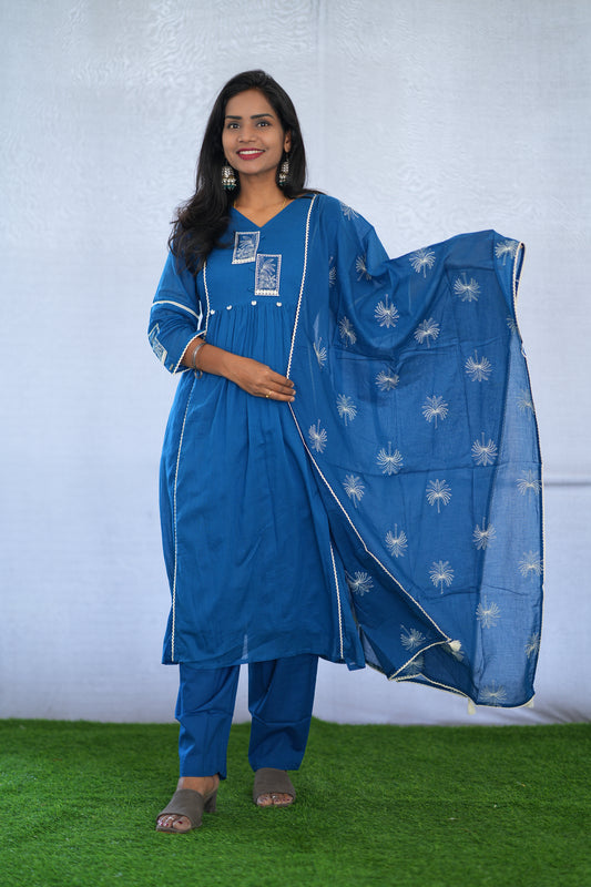 Blue Viscose Fabric Party Wear 3 Piece set With Lining and Embroidery work