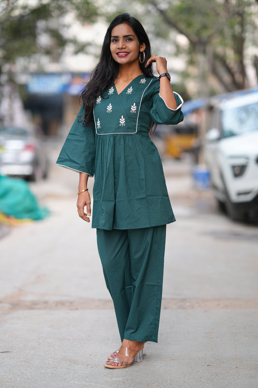 Teal Green Jaipur Cotton Cordset with Embriodary Work