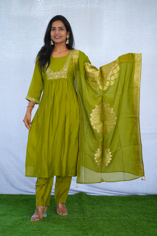 Mehendi Green Color Viscose Fabric Party Wear 3 Piece set With Embroidery work