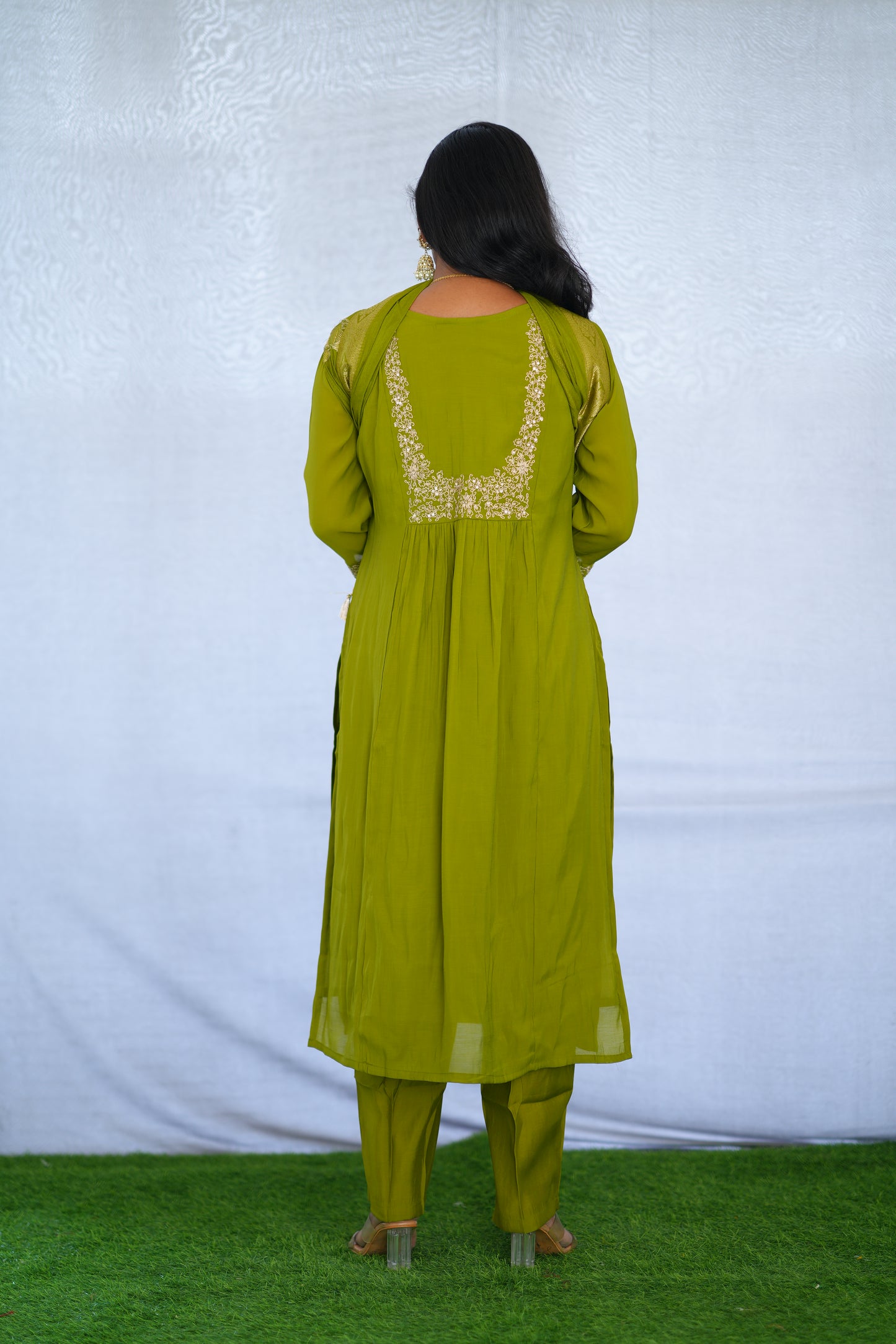 Mehendi Green Color Viscose Fabric Party Wear 3 Piece set With Embroidery work