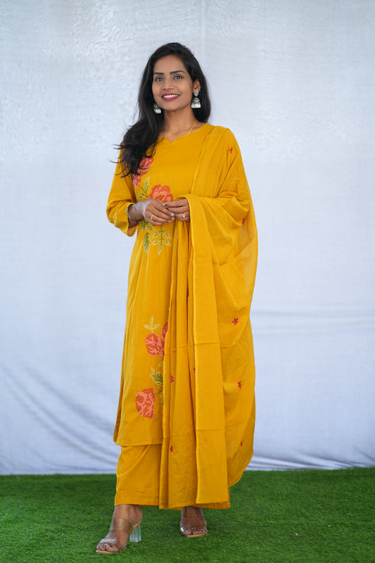 Yellow Color Mul Cotton 3 Piece Set With Embroidery Work and Complete Lining