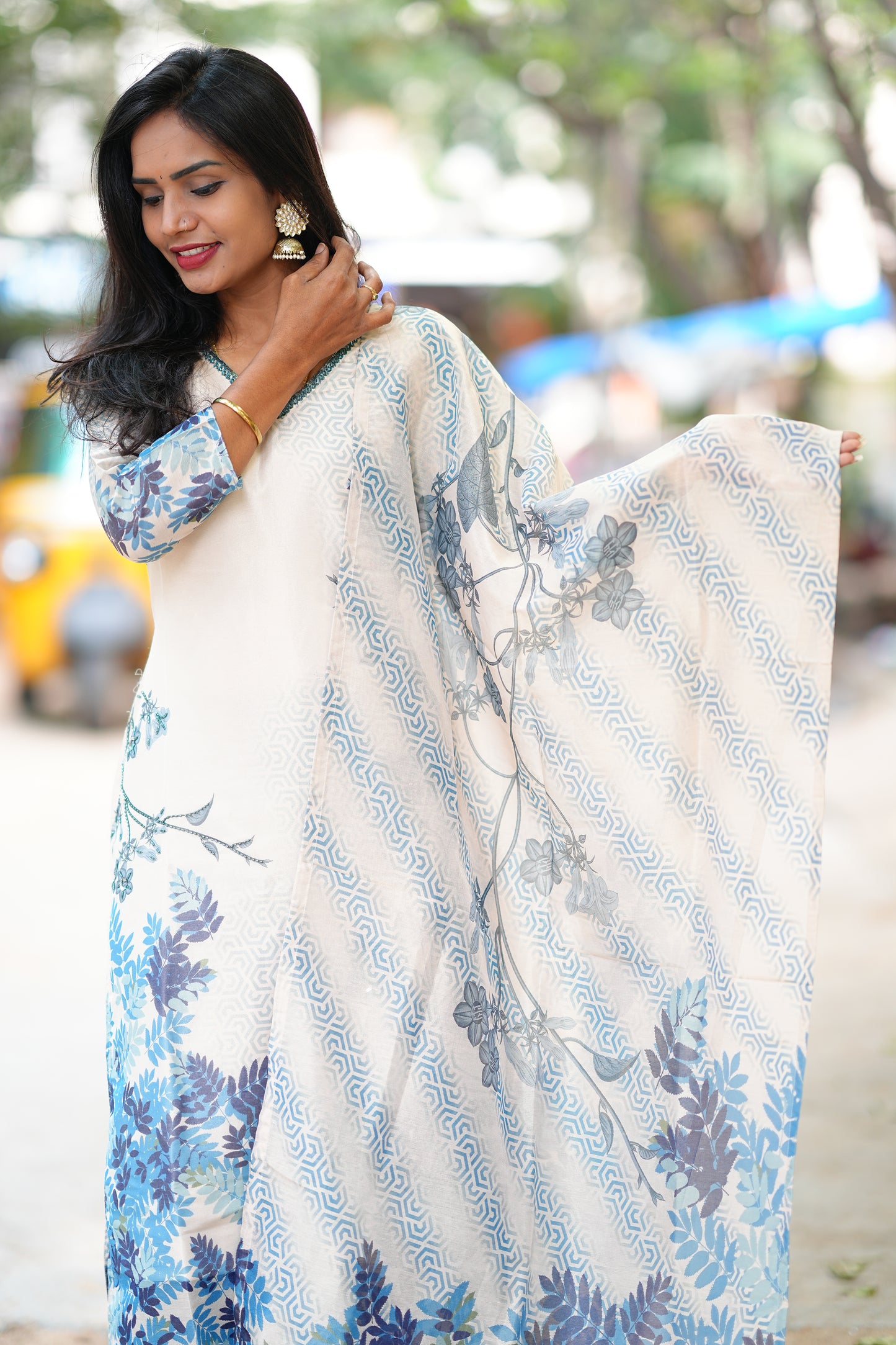 Blue and White Combo Designer Wear 3 Piece set in Muslin Fabric