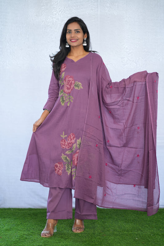 Purple Color Mul Cotton 3 Piece Set With Embroidery Work and Complete Lining
