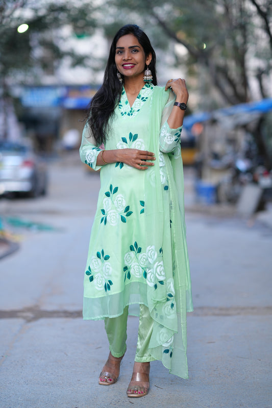 Pista Green Color Satin Fabric Party Wear Brush Painted 3 Piece Set