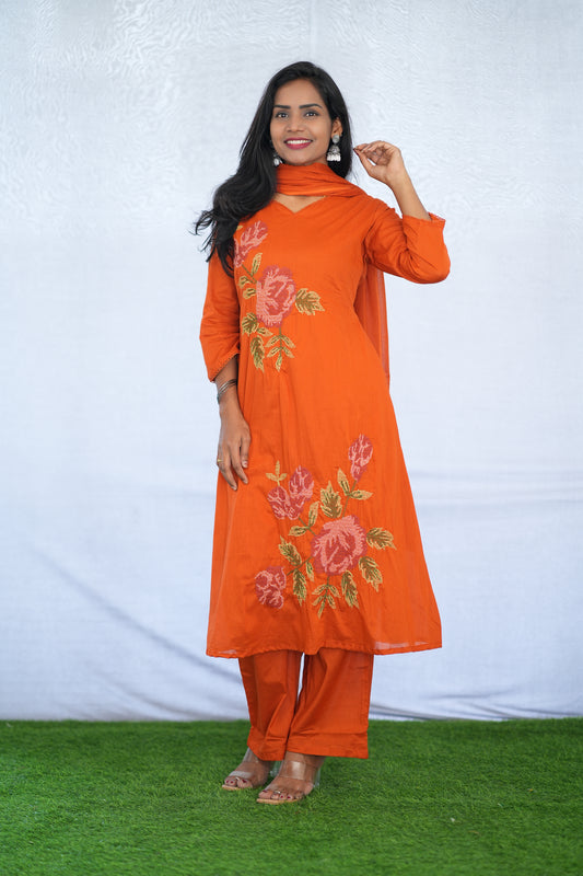 Orange Color Mul Cotton 3 Piece Set With Embroidery Work and Complete Lining