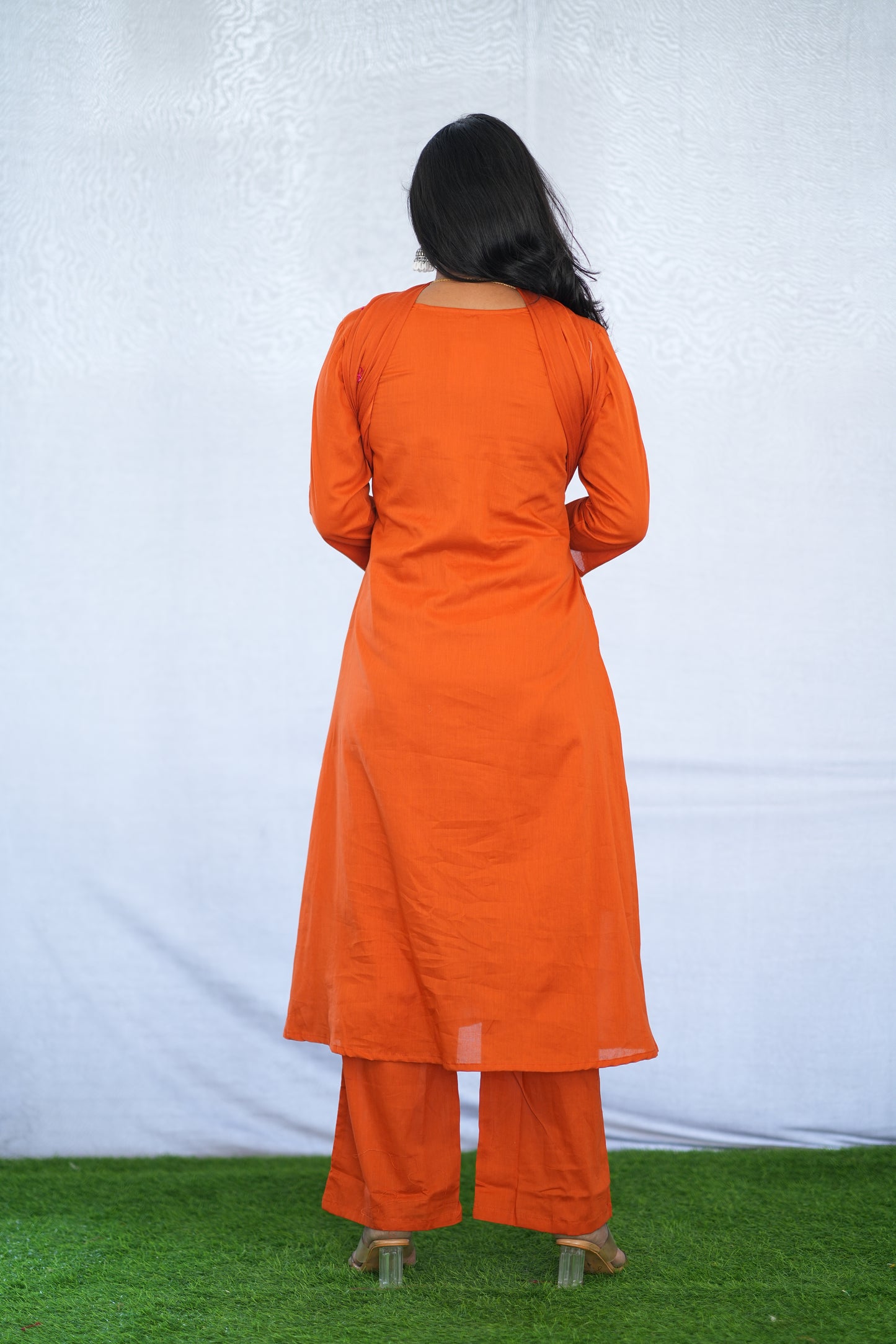 Orange Color Mul Cotton 3 Piece Set With Embroidery Work and Complete Lining