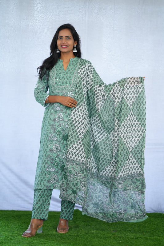 Green Color Jaipur Cotton 3 Piece Set With Block Print and Complete Lining