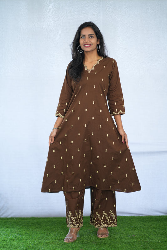 Brown Color Jaipur Cotton Cordset With Embroidery work