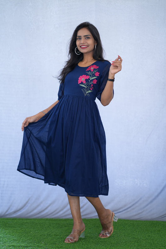 Blue Color Mul Cotton Frock With Embroidery work and Complete Lining