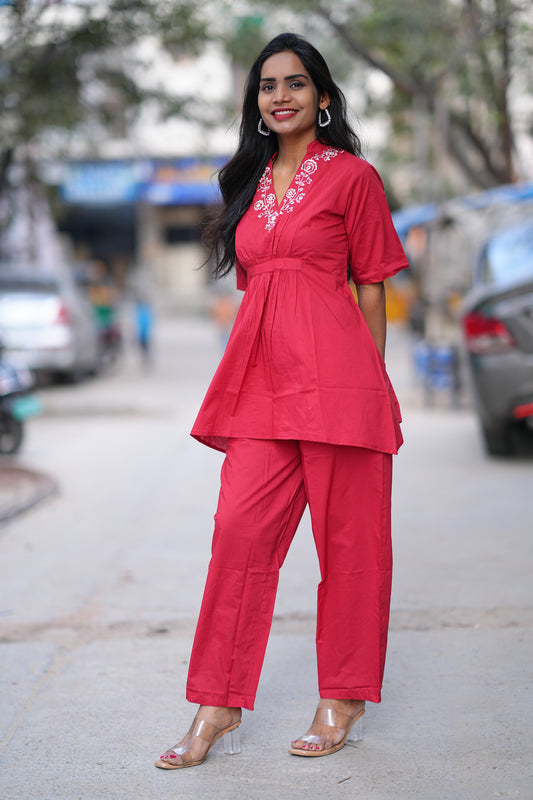 Red Color Jaipur Cotton Cordset With Thread Embriodary Work