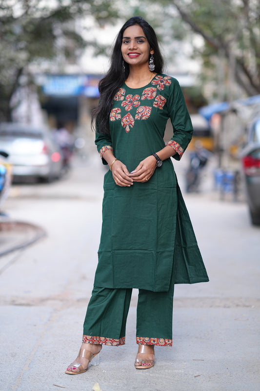 Bottle Green Jaipur Cotton Cordset With Kalamkari Applique Work