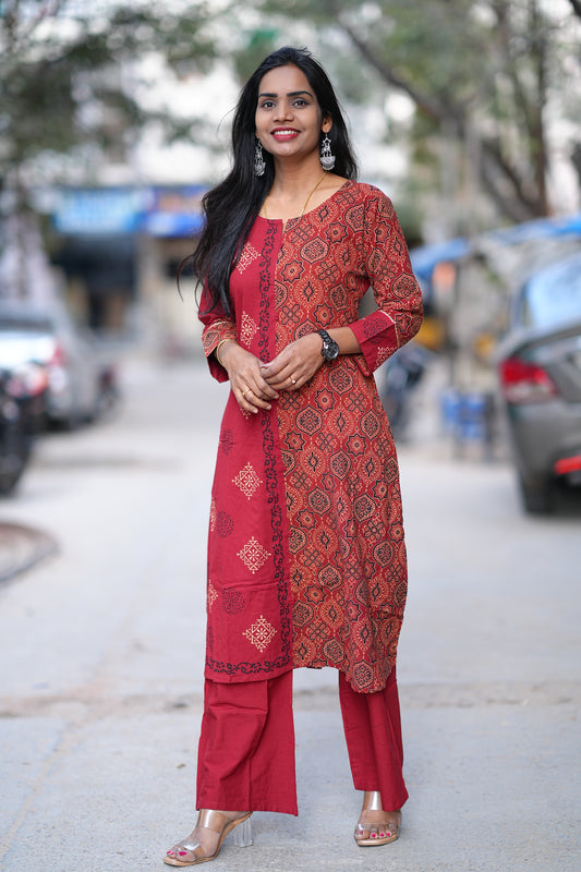 Red Color Jaipur Cotton Cordset With one Side Kalamkari Print