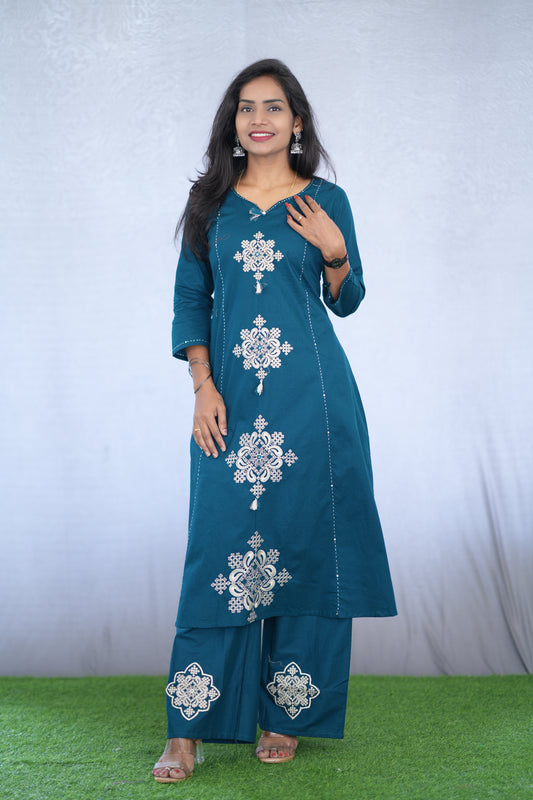 Teal Blue Color Jaipur Cotton Cord Set With embroidery work