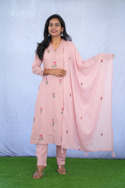 Pink Color Mul Cotton 3 Piece set With Embroidery work and Complete Lining