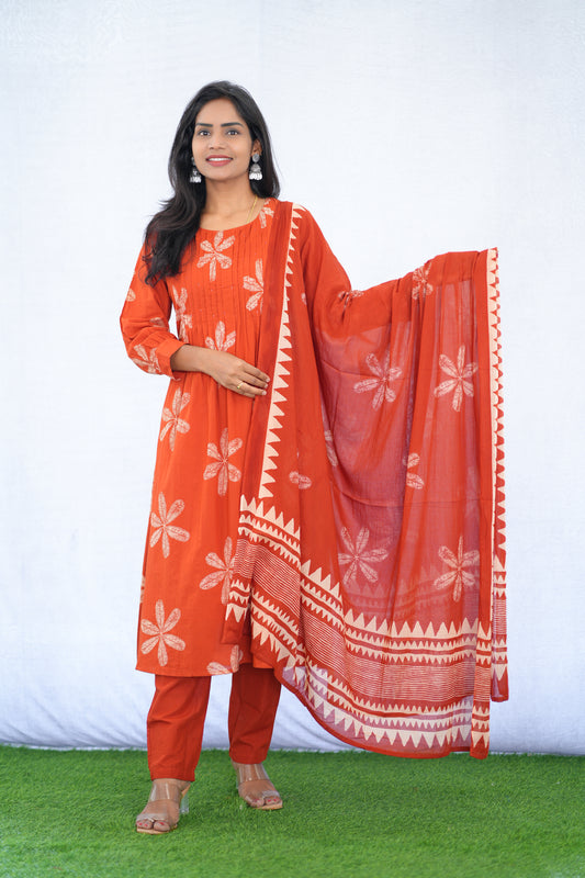 Orange Color Mul Cotton 3 Piece Set With Bandhani Print and Complete Lining