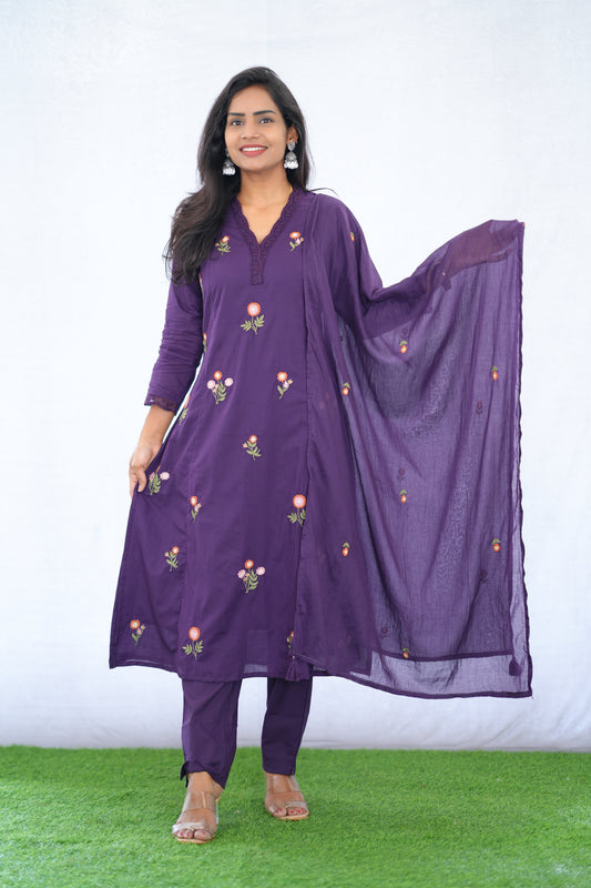 Purple Color Mul Cotton 3 Piece set With Embroidery work and Complete Lining