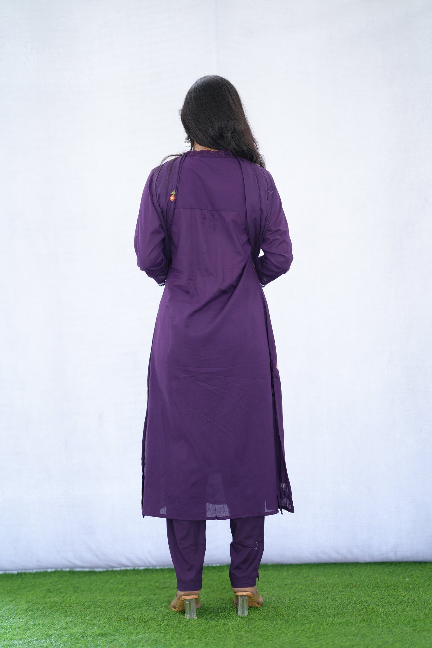 Purple Color Mul Cotton 3 Piece set With Embroidery work and Complete Lining