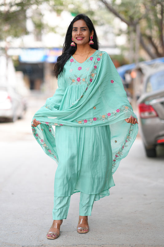 Aqua Green Color Mul Chanderi Designer Wear 3 Piece Set With Lining