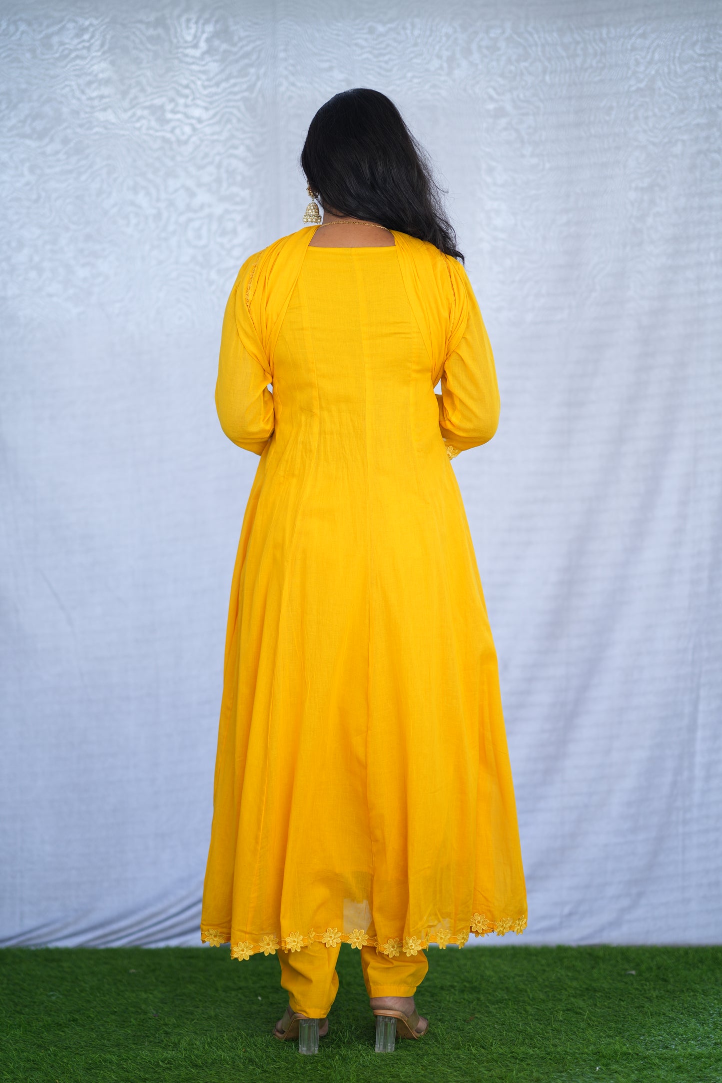 Yellow Color Mul cotton Kali Pattern 3 Piece Set With Complete Lining