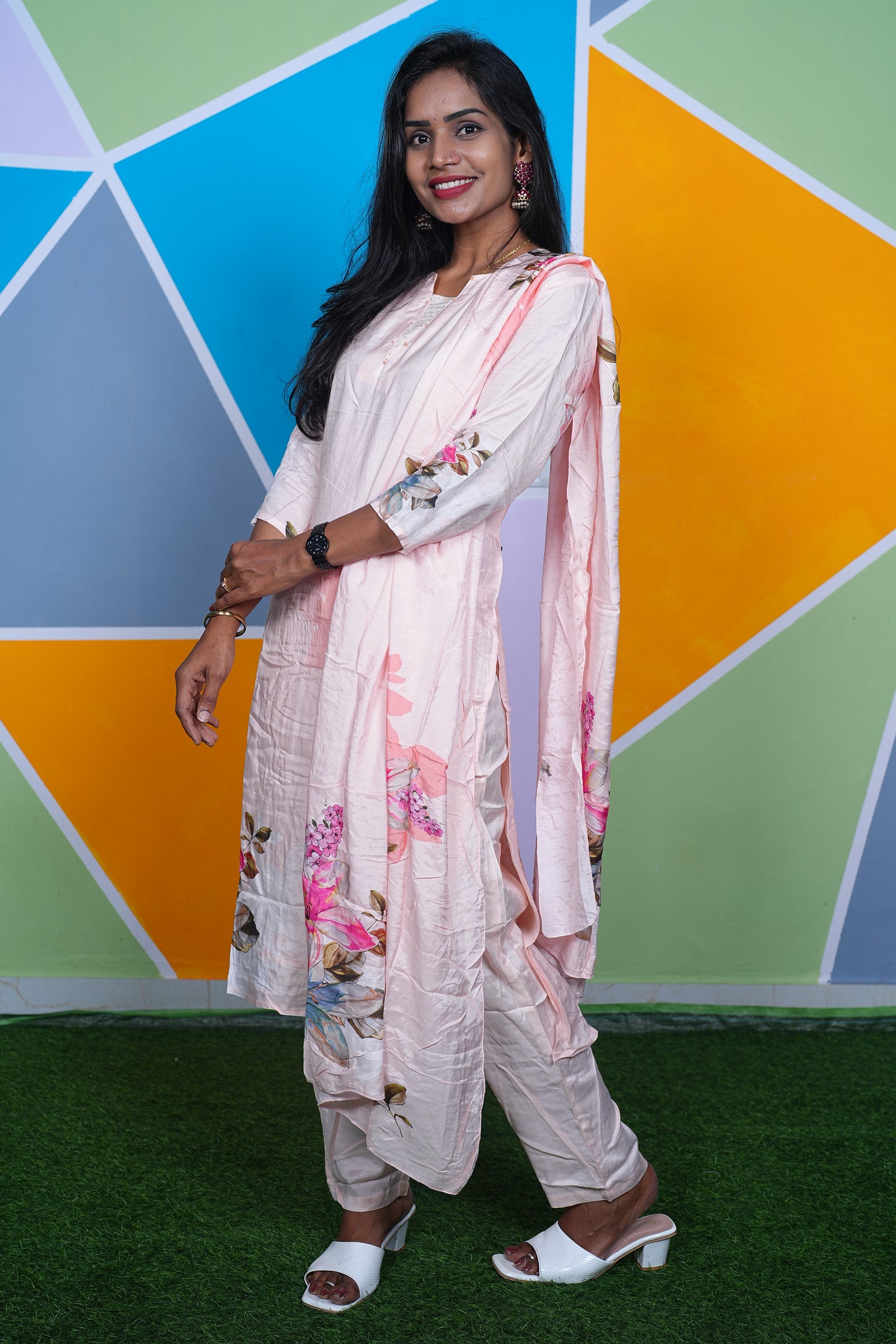 Peach Color Pure Musilin Festive Wear 3 Piece Set