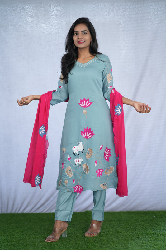 Ice Green Color Mul chanderi Party Wear 3 Piece Set With Embroidery work and Lining
