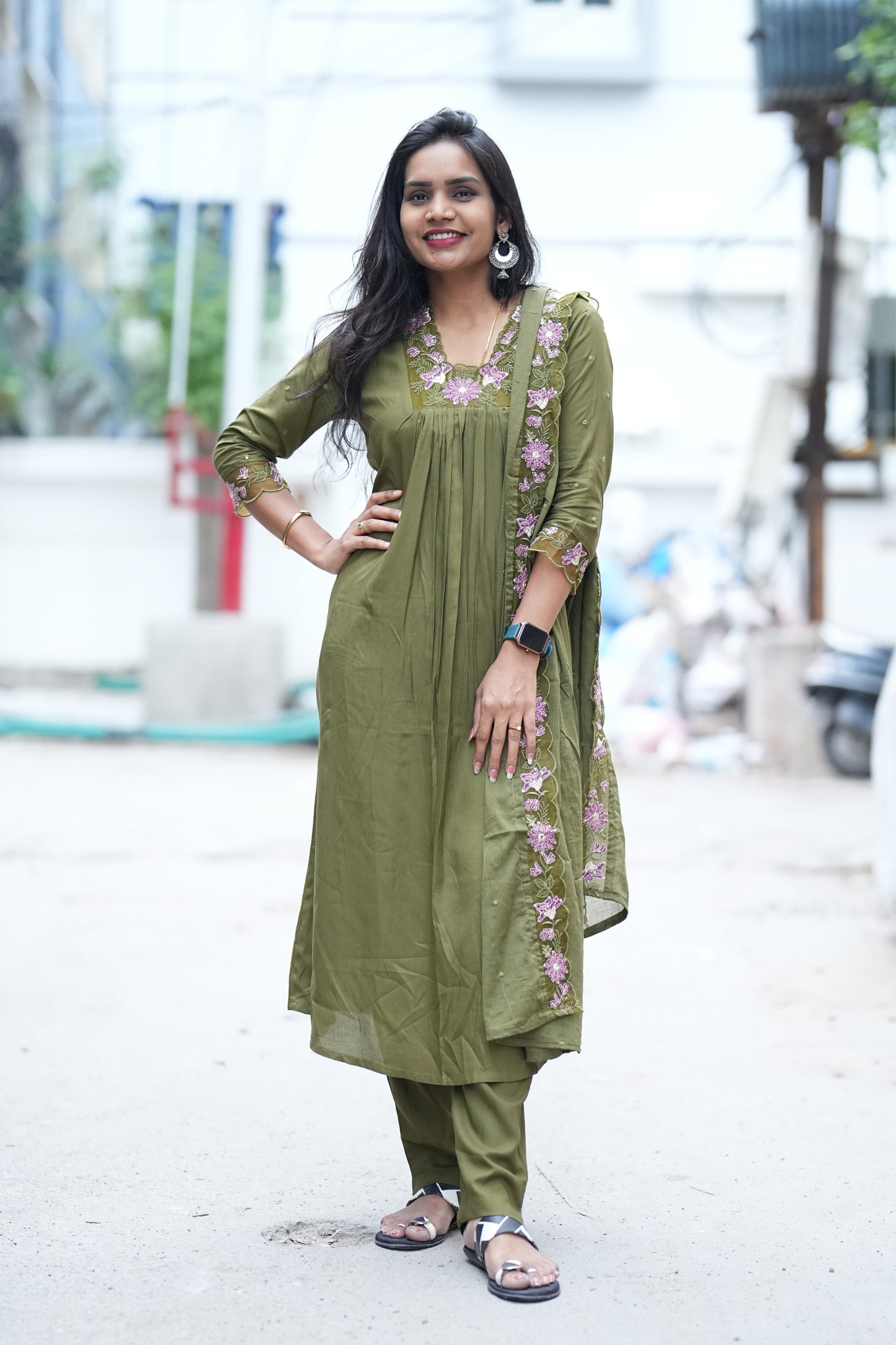 Mehendhi Green Mul Mul Cotton Anarkali 3 Piece Set With Complete Lining