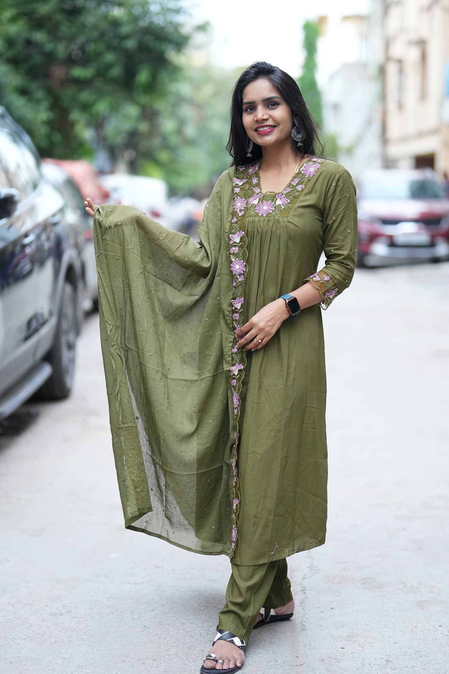 Mehendhi Green Mul Mul Cotton Anarkali 3 Piece Set With Complete Lining