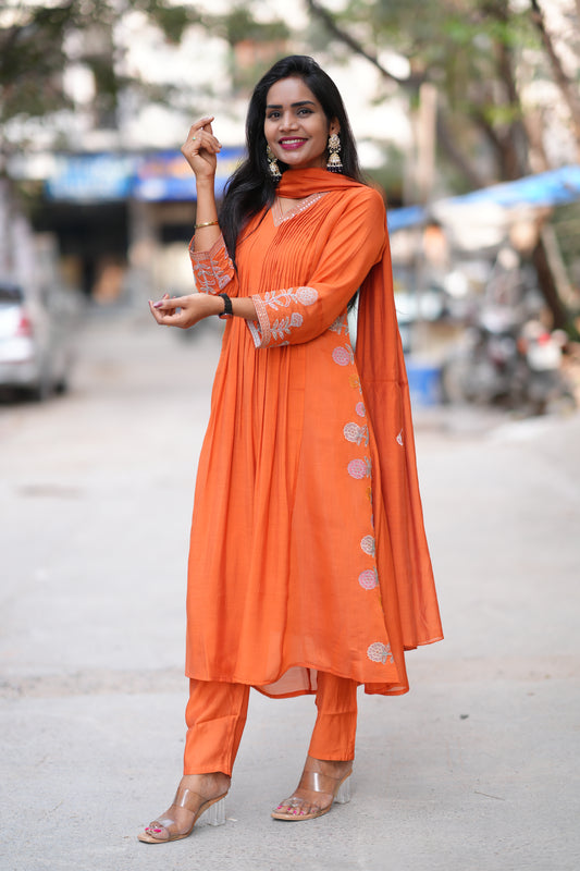 Orange Color Mul Chanderi Party Wear 3 Piece Set With Complete Lining