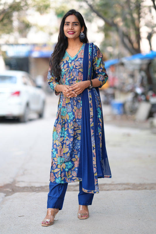 Blue Color Floral Print Viscose Fabric 3 Piece Set