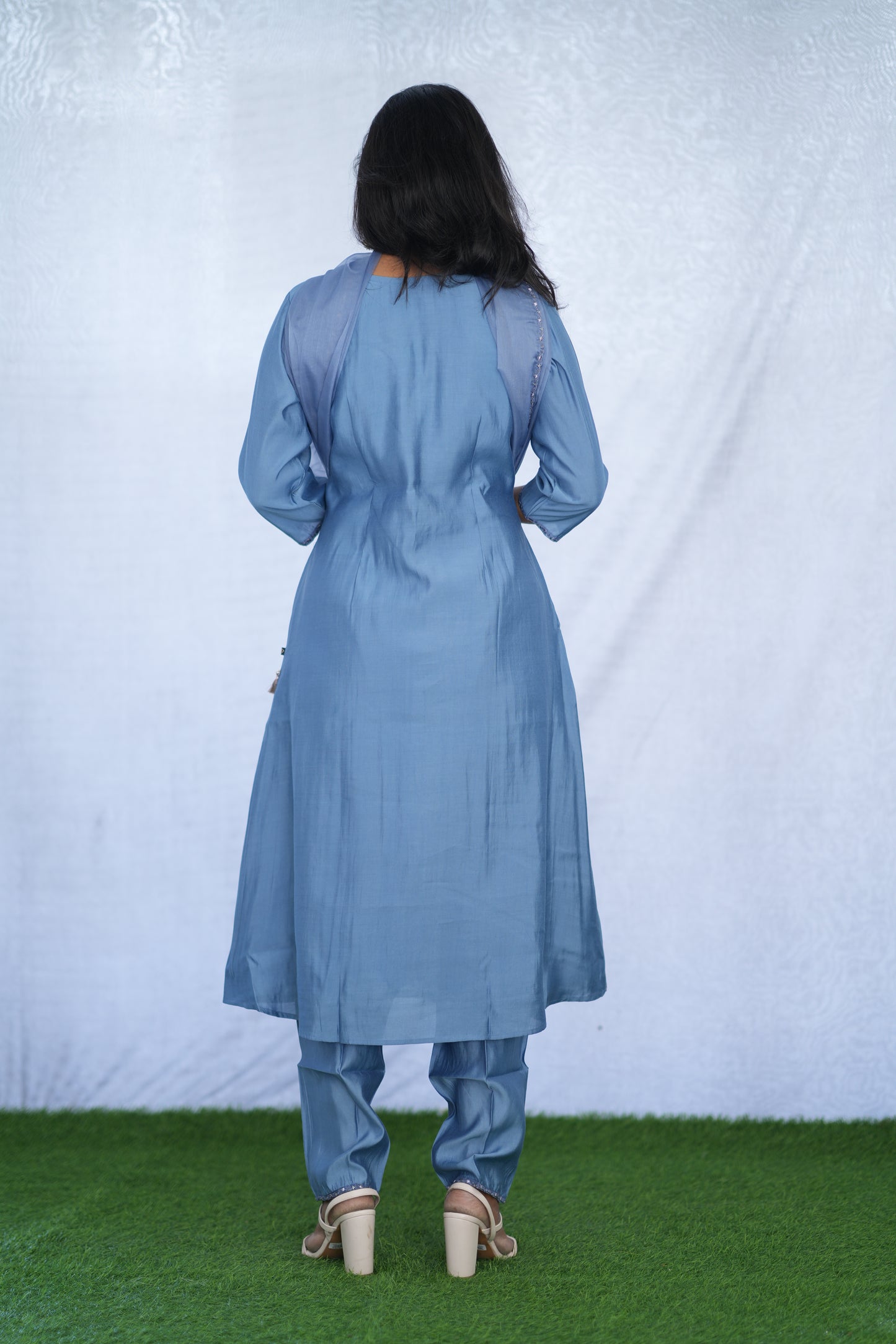 Greyish Blue Viscose Fabric Party Wear 3 Piece Set with Lining