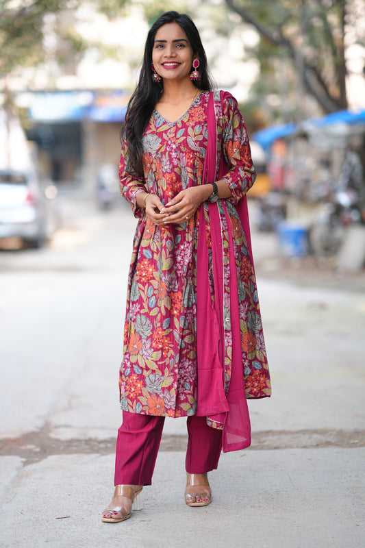 Red Color Floral Print Viscose Fabric 3 Piece Set