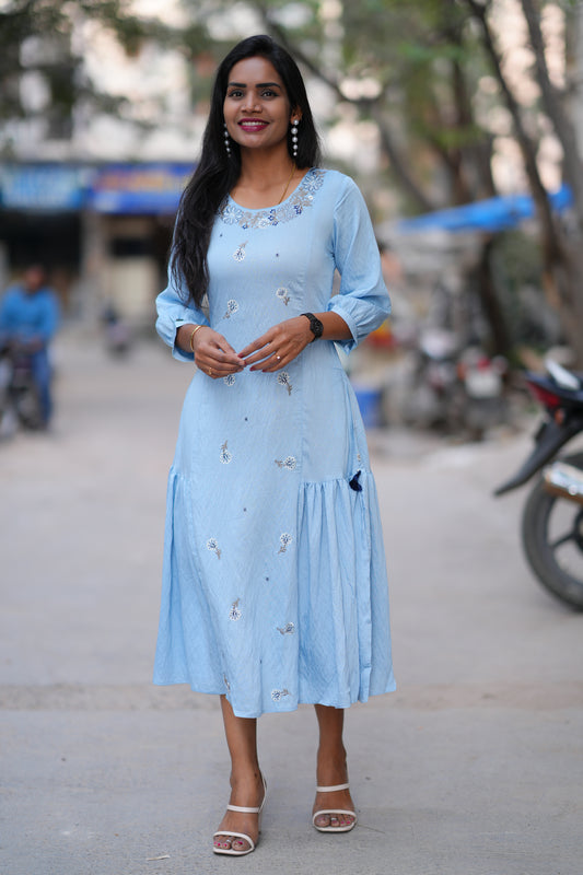 Light Blue Color Viscose Fabric Designer Wear Frock