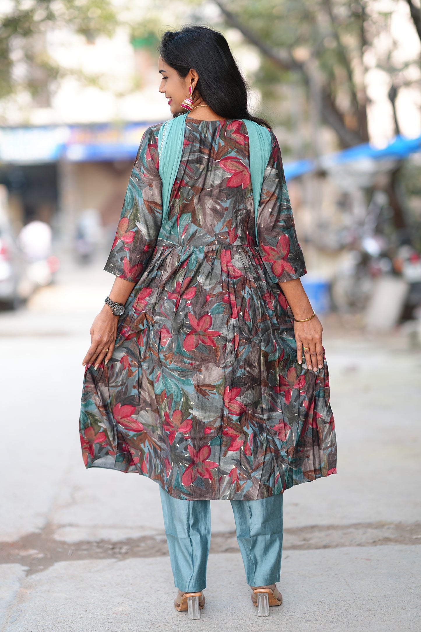 Aqua Green Leaves Print Viscose Fabric 3 Piece Set