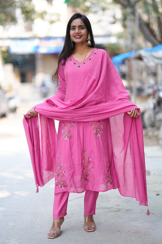 Deep Rose Pink Color Mul Chanderi 3 Festive Wear 3 Piece Set With Full Lining