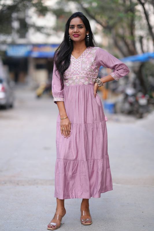 Pink Colour Long Frock With Embroidery Work