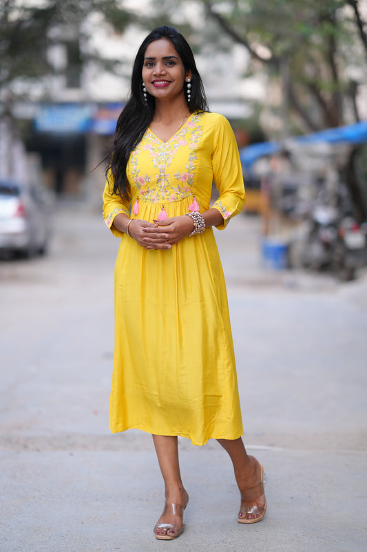 Yellow Color Stylish Frock in Viscose Fabric