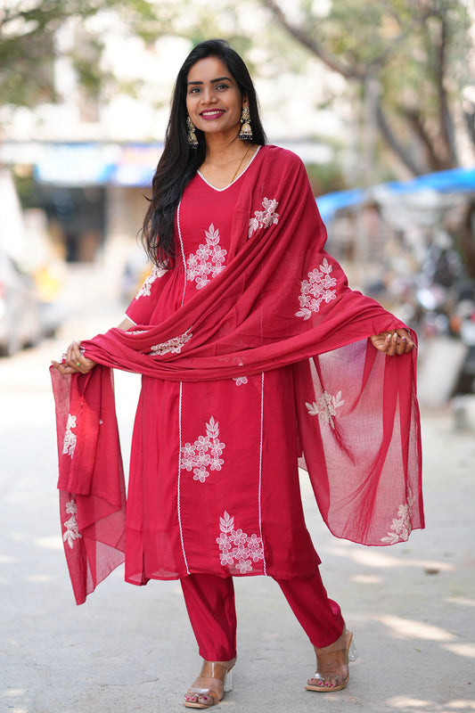 Red Color Mul Chanderi Designer 3 Piece Set with Complete Lining