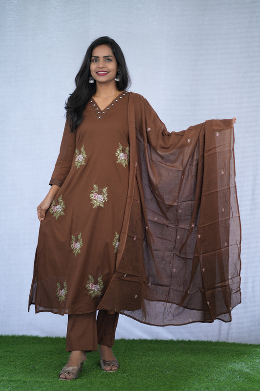 Brown Color Mul Cotton 3 Piece set With Embroidery work and Complete Lining