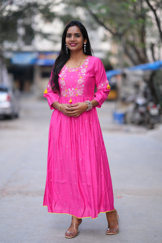 Pink Color Long Frock With Embriodary Work in Viscose Fabric