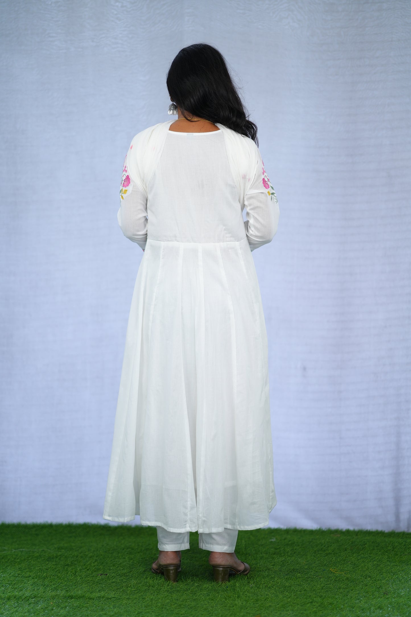 White Color Anarkali Mul Cotton 3 Piece set With Embroidery work and Complete Lining