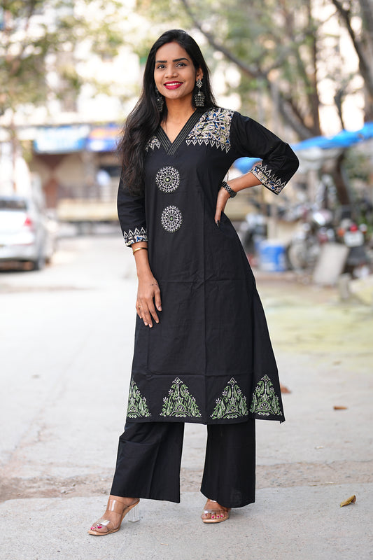 Black Color Jaipur Cotton Cordset With Kalamkari Patch Work