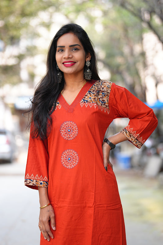 Orange Color Jaipur Cotton Cordset With Kalamkari Patch Work