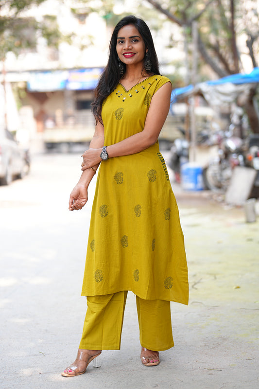 Yellow Color Jaipur Cotton Cordset With Hand Block Print and Thread Work