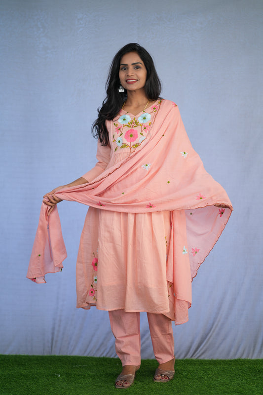 Peach Color Jaipur cotton 3 Piece Set With Embroidery Work and Complete Lining