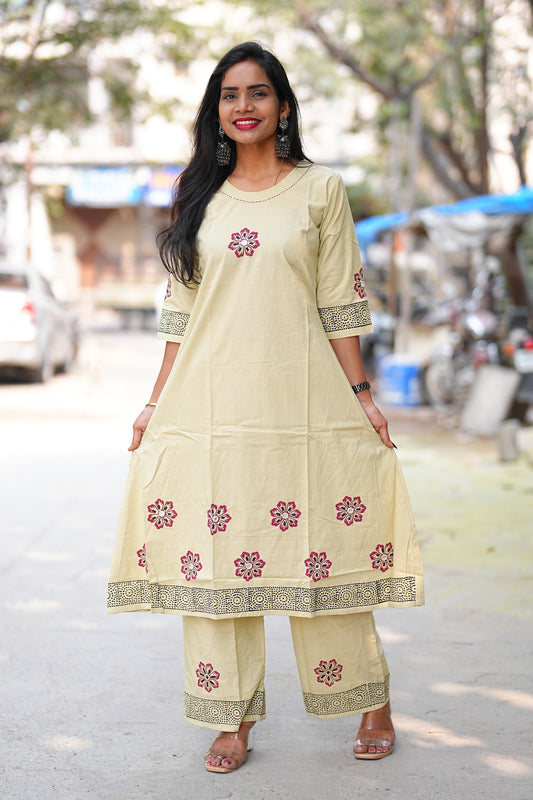 Beige Color Jaipur Cotton Cordset With Hand Block Print