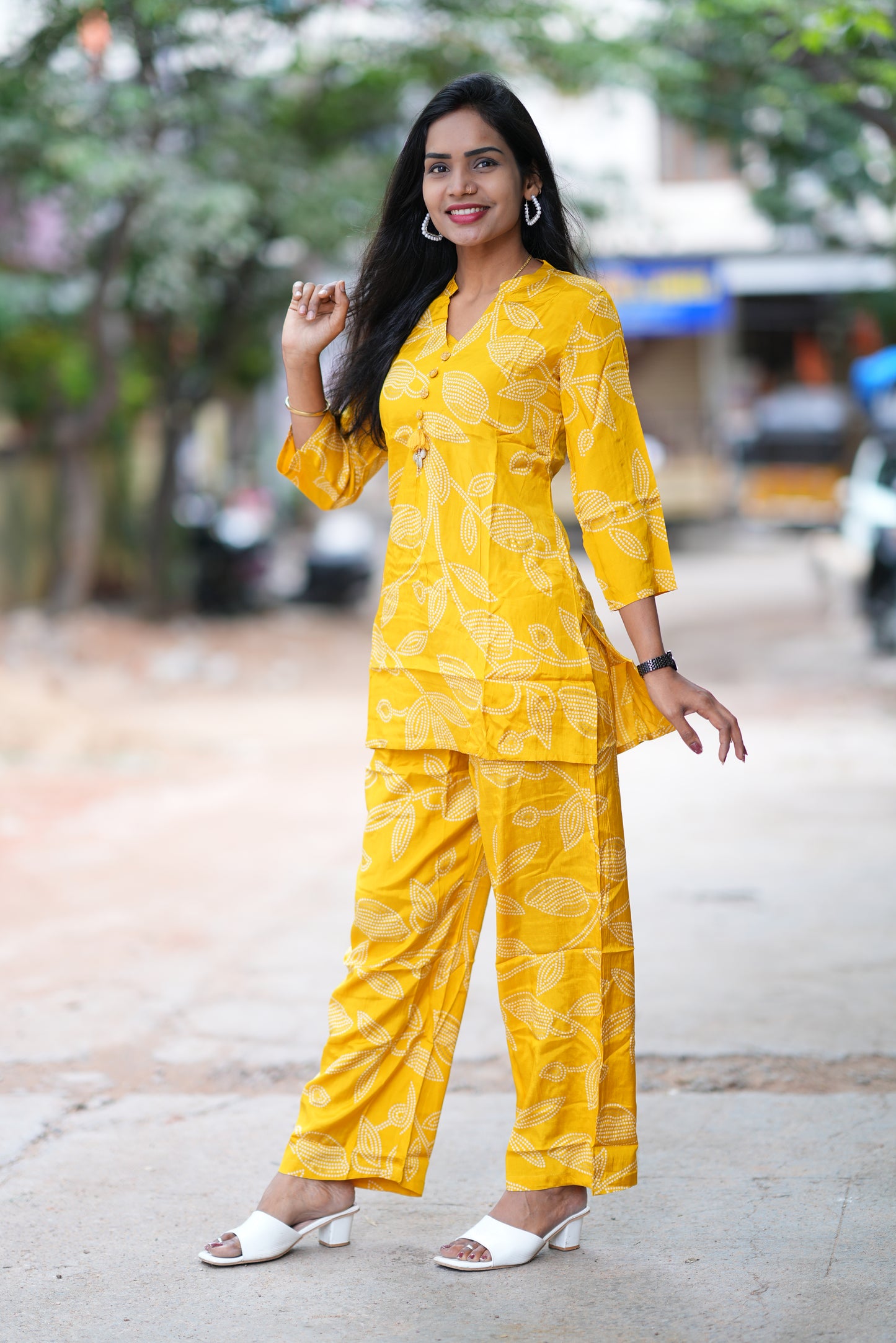 Yellow Color Viscos Chinon Festive Wear Cordset