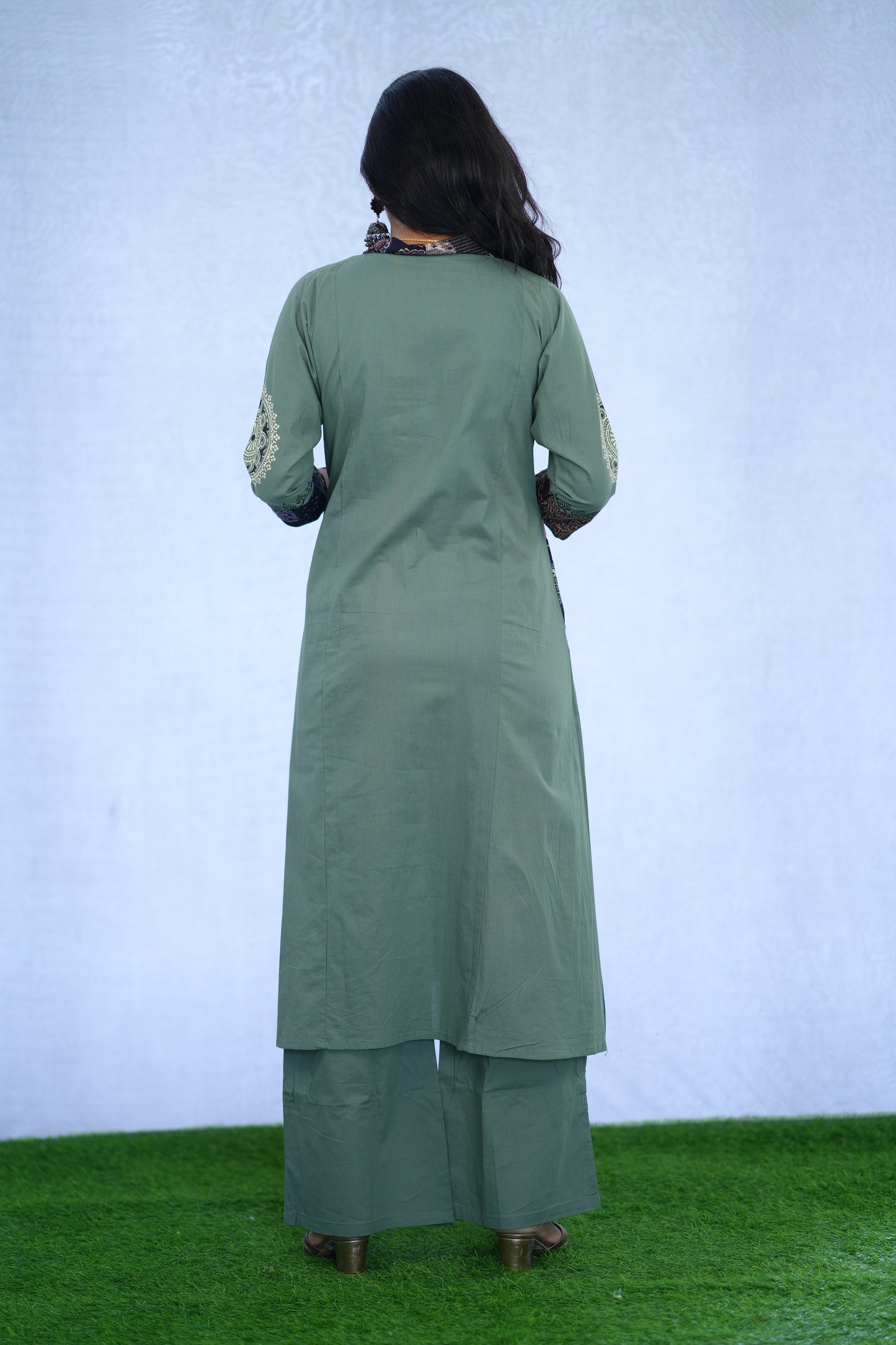 Sage Green Jaipur cotton Cord Set With Block Print With Palazzo Pants